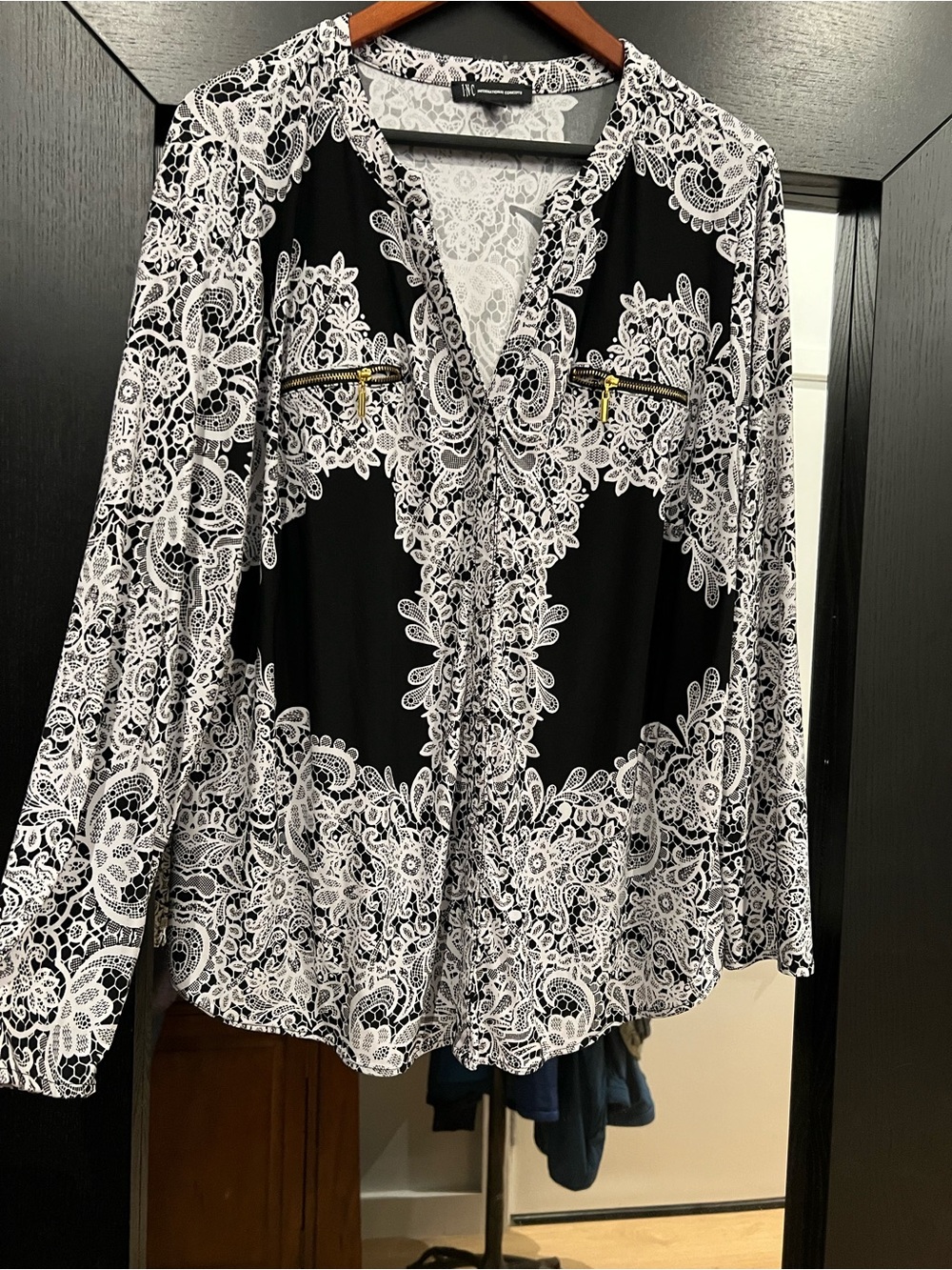 INC International Concepts Black and White Lace-Print Button Down Shirt